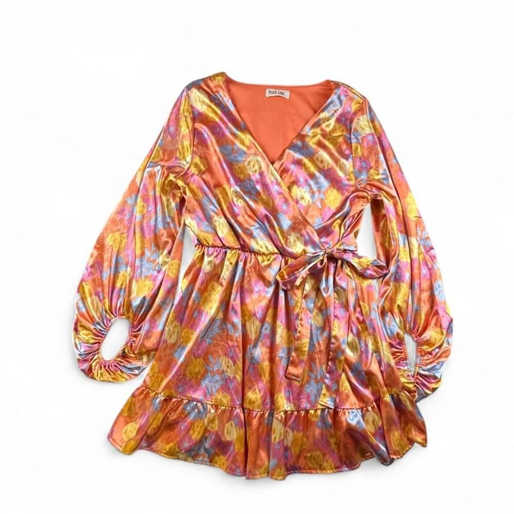 Peach Love CA Satin Wrap Dress Women’s L Multicolor Puff Sleeve Mini Boho
